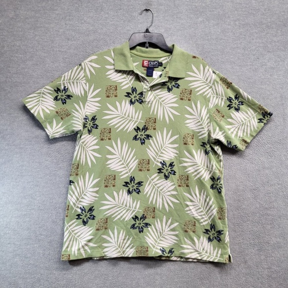 Chaps Ralph Lauren Men Polo Shirt Large Green Floral Hawaiian‎ Short Sleeve